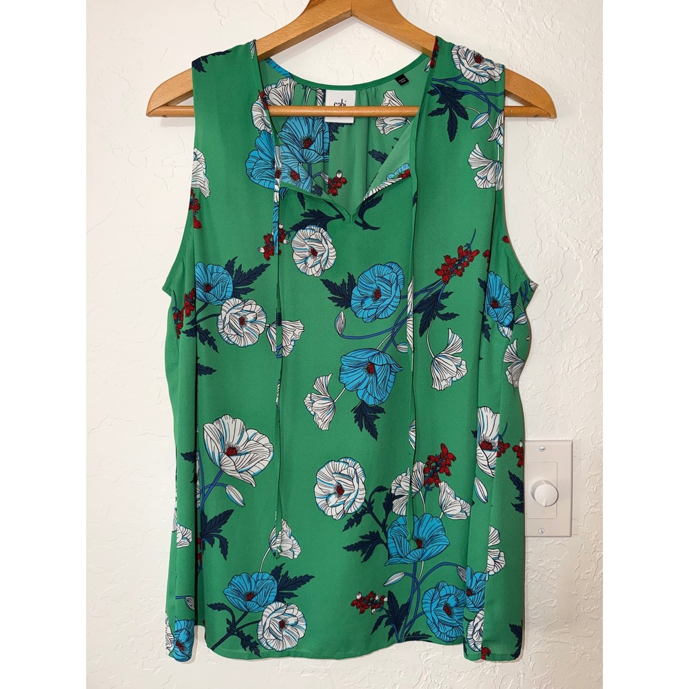 cabi Primrose Top L Kelly Green Blue White Floral Primrose Blouse Tie Neck 3785